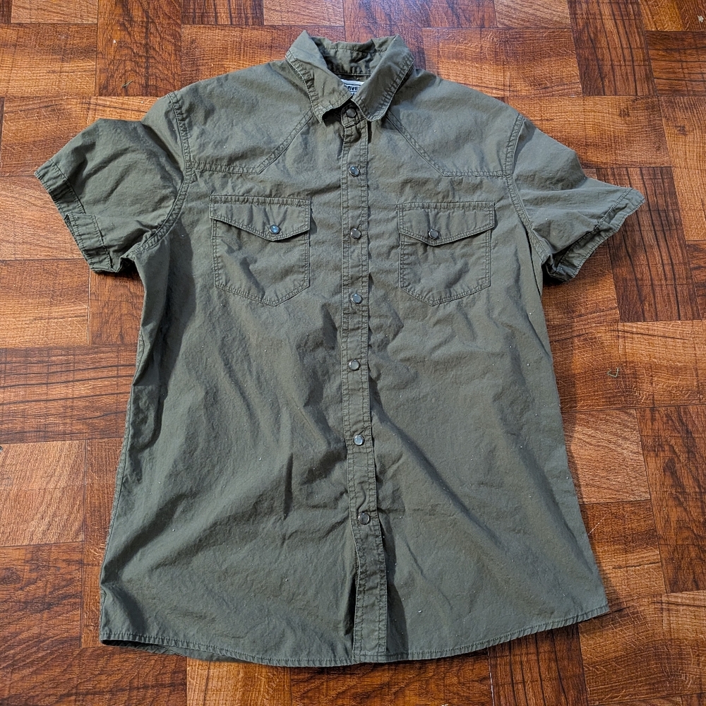 Converse One Star Army Green Snap Button Up Dress Shirt Men's Small